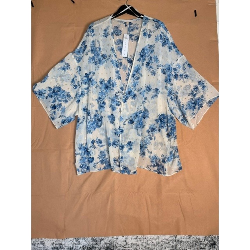 MaryBelle Blue Floral Kimono Cover Up 4X NWT Sheer Open Front Gold Metallic